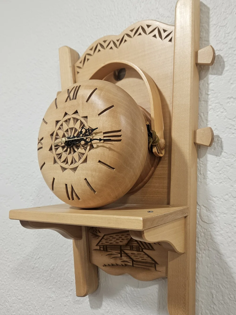 Swiss Folk Art Carved Wooden Wall Clock Chalet Scene Battery Operated